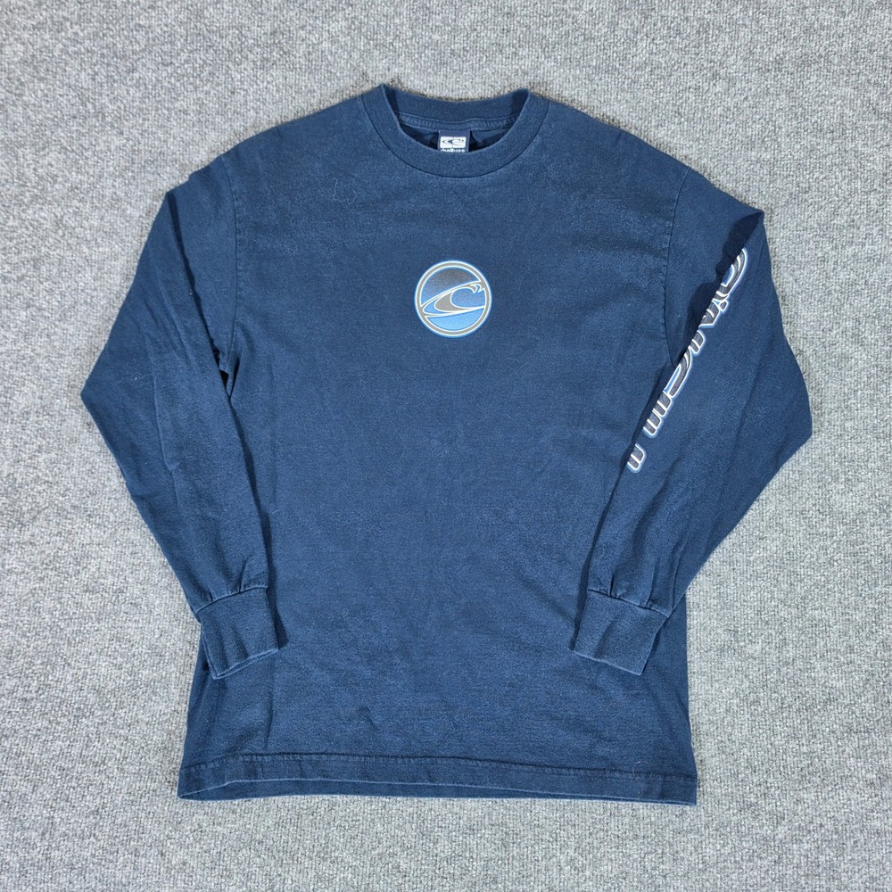 Y2K ONeill USA Made 2 Side Men Long Sleeve Graphic T-Shirt Navy Blue Size M Surf